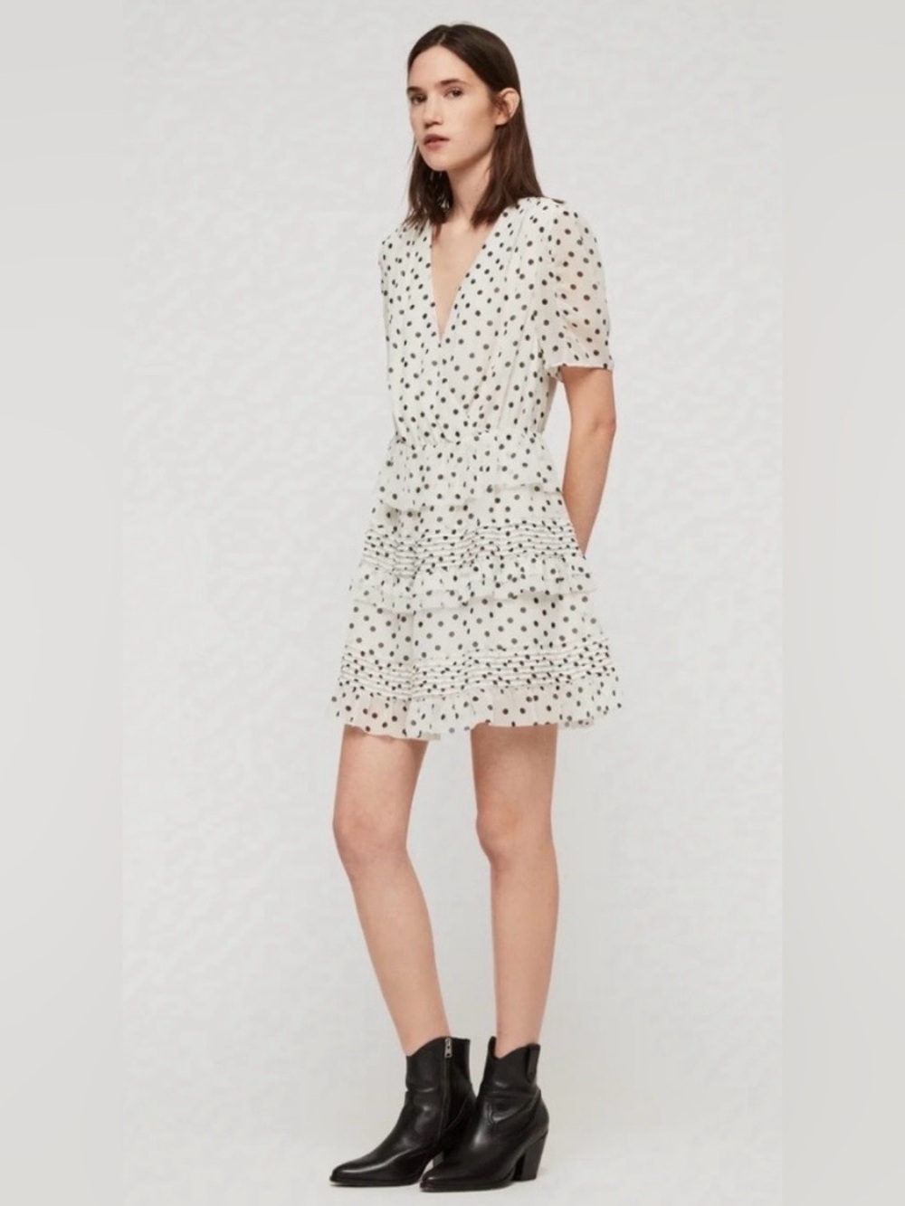 AllSaints Ilia Pippa Polka Dot Ruffle Mini Dress Ivory Size 6